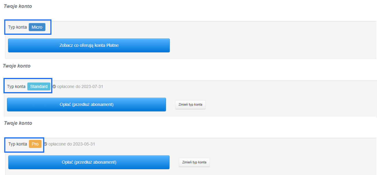 Widok z systemu Fakturownia do fakturowania online z informacją o aktywnym koncie abonamencie np. Micro, Standard czy Pro. 