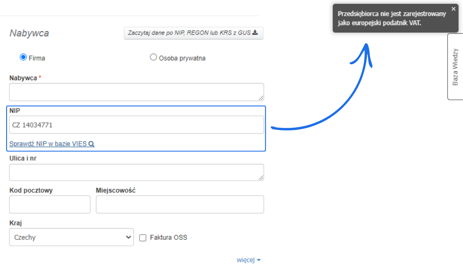 Formularz danych nabywcy z opcją sprawdzenia NIP w bazie VIES, polem NIP (CZ 14034771), wyborem kraju (Czechy) i komunikatem 'Przedsiębiorca nie jest zarejestrowany jako europejski podatnik VAT'.