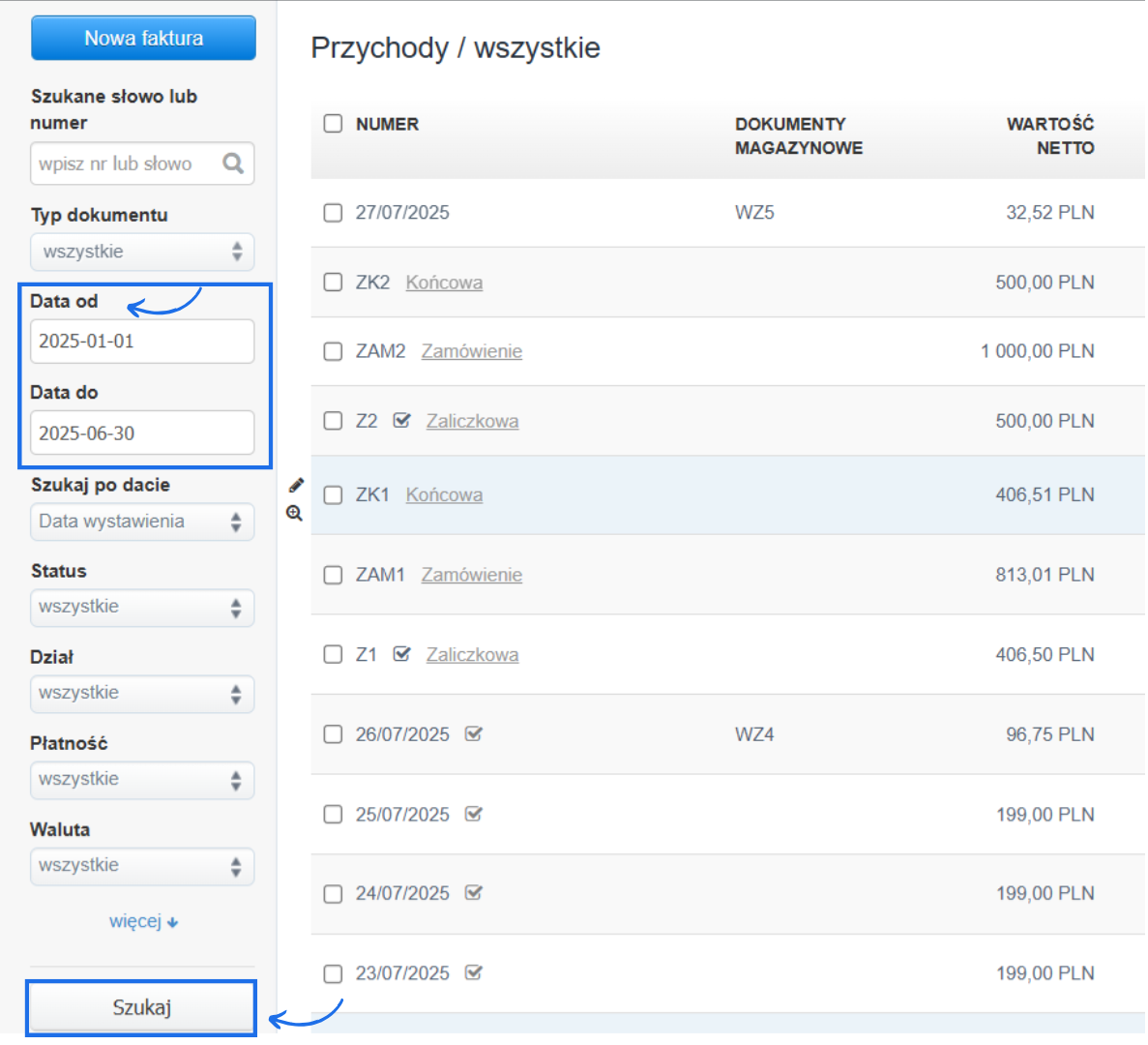 Panel filtrujący dostępny na liście faktur z aktywnymi polami wyboru dat od - do oraz innych filtrów do wyszukiwania.