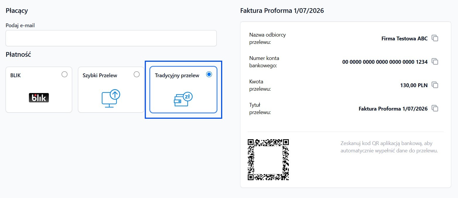 Ekran płatności online z wyborem metody: BLIK, szybki przelew, tradycyjny przelew oraz szczegółami faktury z kodem QR do przelewu.