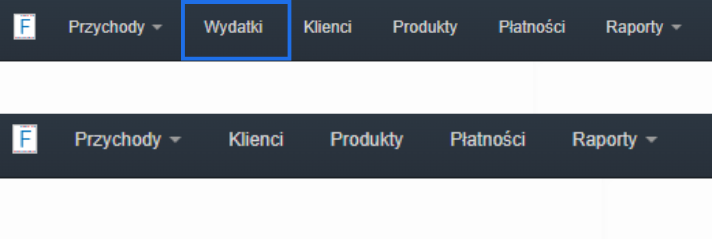 Pasek nawigacji z widoczną zakładką „Wydatki” oraz wersją bez niej – przykład ograniczenia widoczności wydatków.