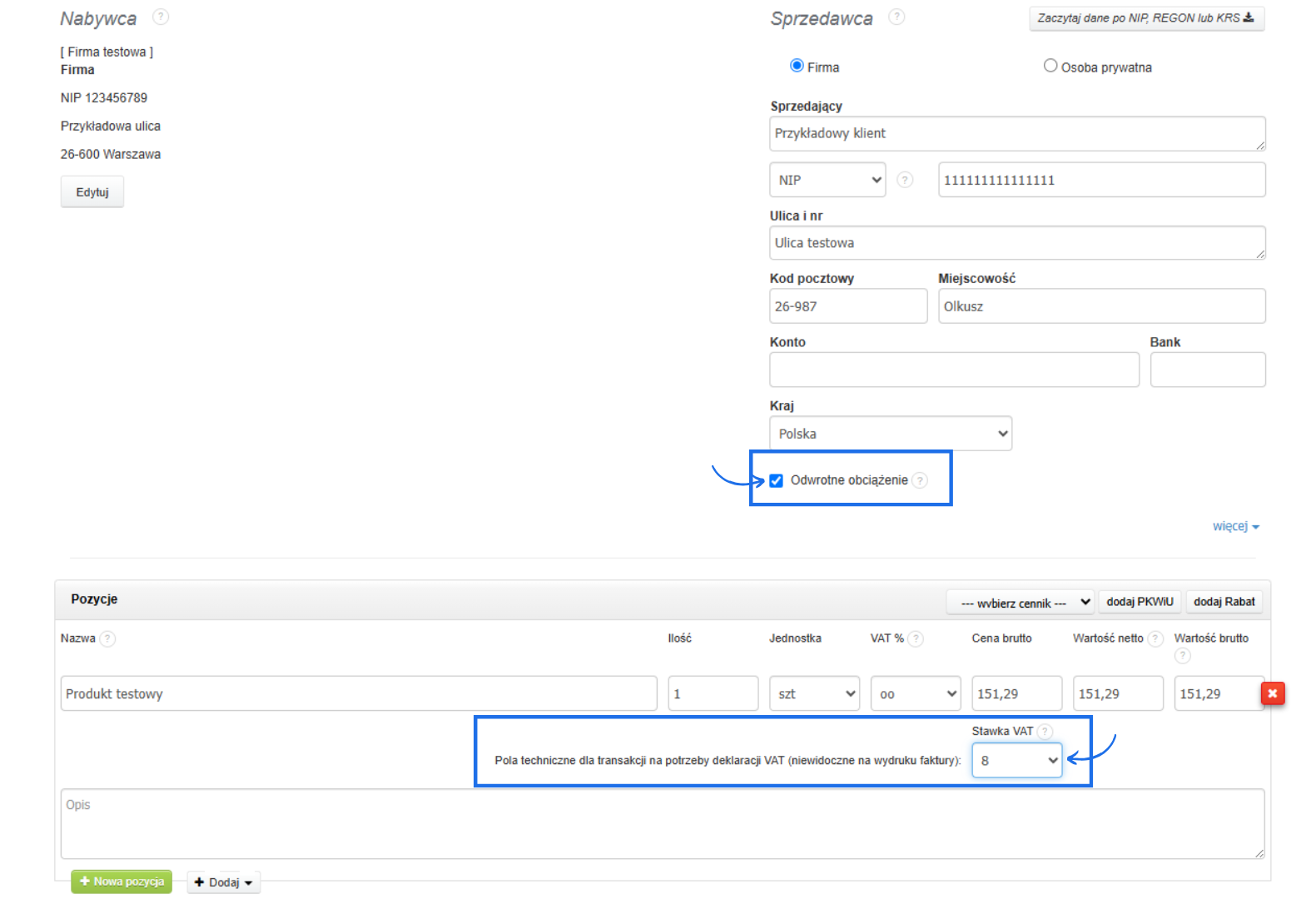 Faktura z wypełnionymi danymi firmy i zaznaczoną opcją odwrotnego obciążenia oraz stawką VAT ustawioną na 8%
