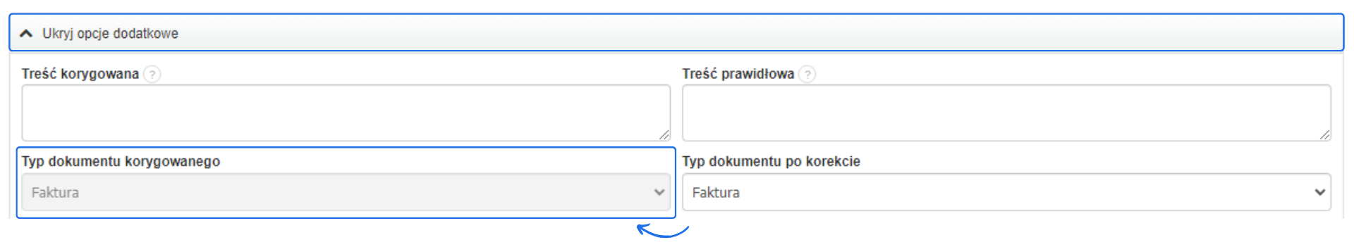Ustawienia opcji dodatkowych do faktury, z polami do wprowadzenia treści korygowanej i prawidłowej oraz wyborem typu dokumentu korygowanego i po korekcie.