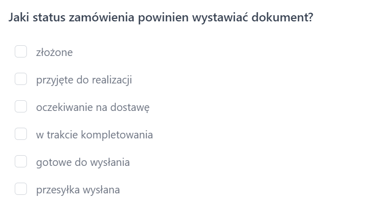 Lista opcji wyboru statusu zamówienia do automatycznego wystawiania dokumentu, zawierająca m.in. ‘złożone’, ‘gotowe do wysłania’ i ‘przesyłka wysłana’.
