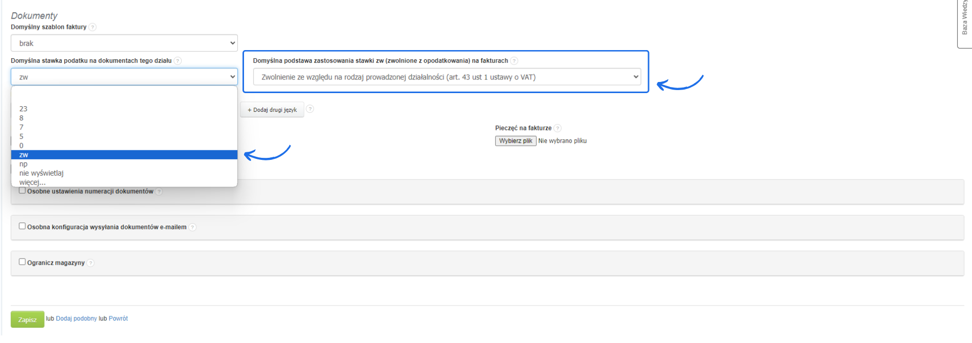 Ustawienia działu: wybór domyślnej stawki podatku na dokumentach działu z zaznaczoną opcją zwolnienia z VAT oraz wyborem podstawy zwolnienia.