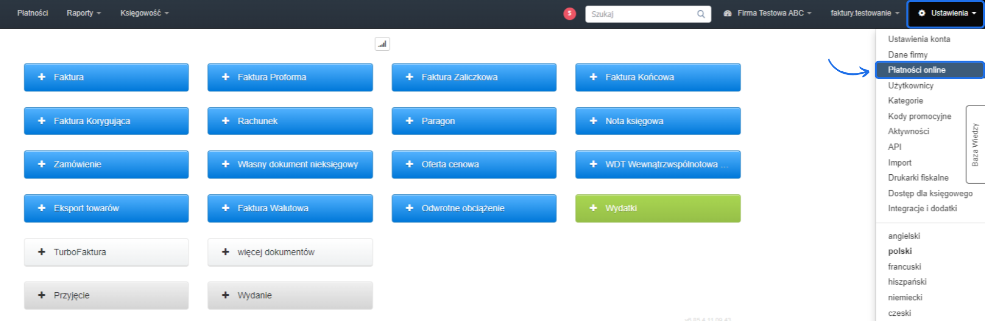 Menu systemu fakturowania z zaznaczoną opcją 'Płatności online' w ustawieniach, umożliwiającą konfigurację płatności elektronicznych.