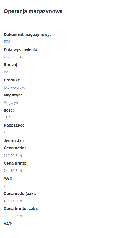 Szczegóły operacji magazynowej PZ2 dla produktu „fotel welurowy” z dnia 2025-09-04, magazyn1, ilość 15 szt.
