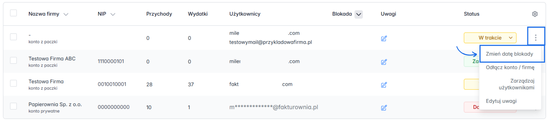 Dodatkowe ustawienia dla firmy dostępnej na liście obsługiwanych firm w ramach panelu dla biur z opcją zmiany daty blokady dla faktur.