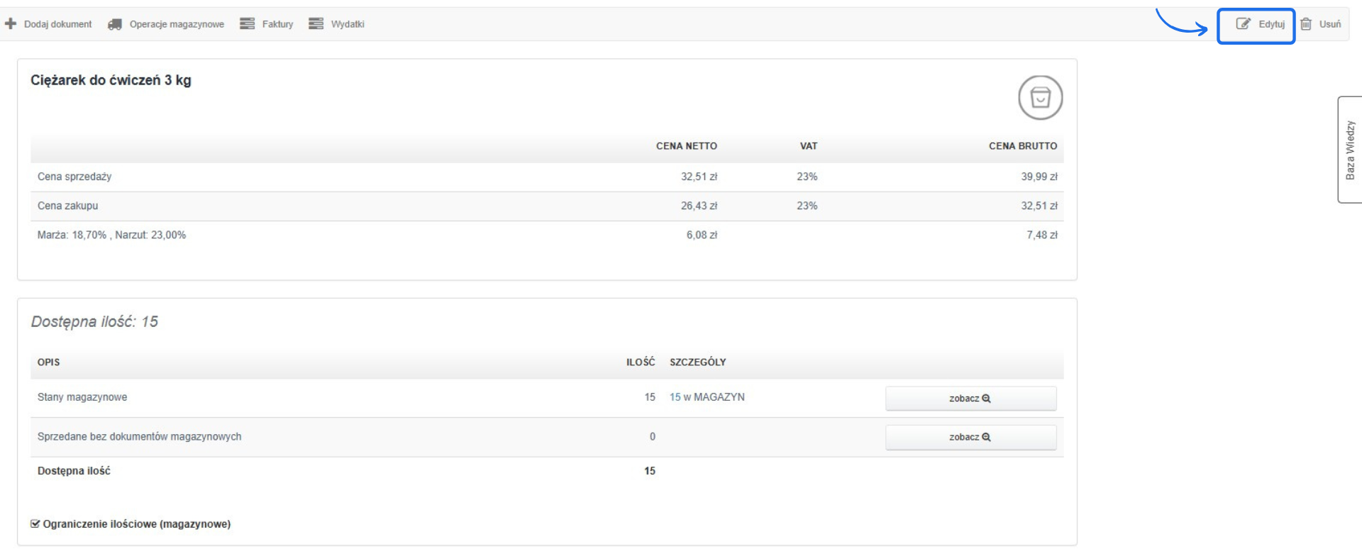 Podgląd karty produktu "Ciężarek do ćwiczeń 3 kg" z włączonym ograniczeniem ilościowym i opcją edycji dostępnych danych.