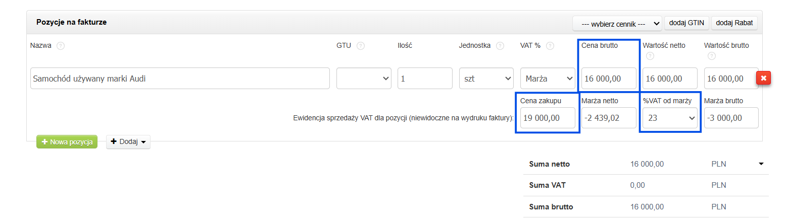 Formularz tworzenia faktury VAT marża z uzupełnionymi cenami sprzedaży, zakupu i marżą.