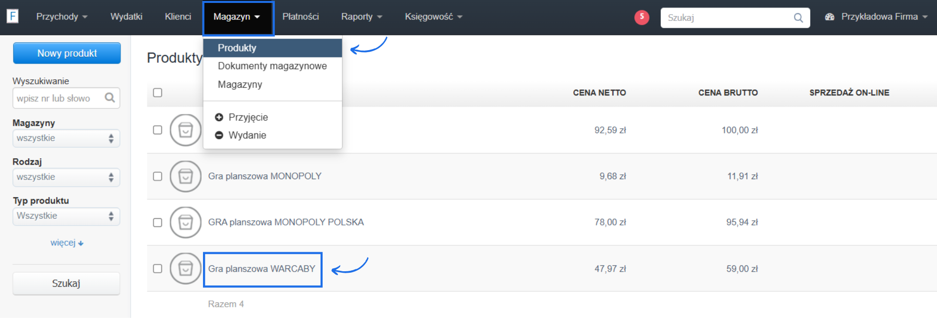 Lista produktów dodana do bazy na koncie do fakturowania online z podstawowymi informacjami o produktach.