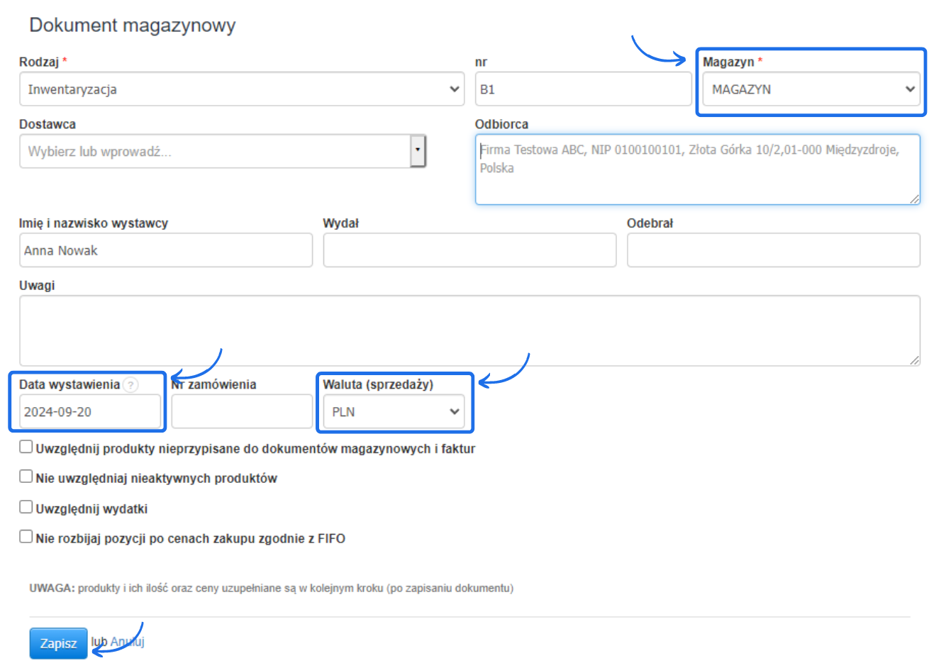 Formularz generowania inwentaryzacji, czyli zliczenia aktualnych stanów magazynu w systemie do fakturowania.