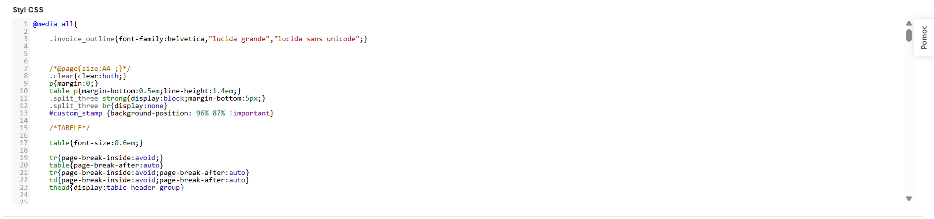 Edytor szablonu faktury z wypełnionym polem CSS