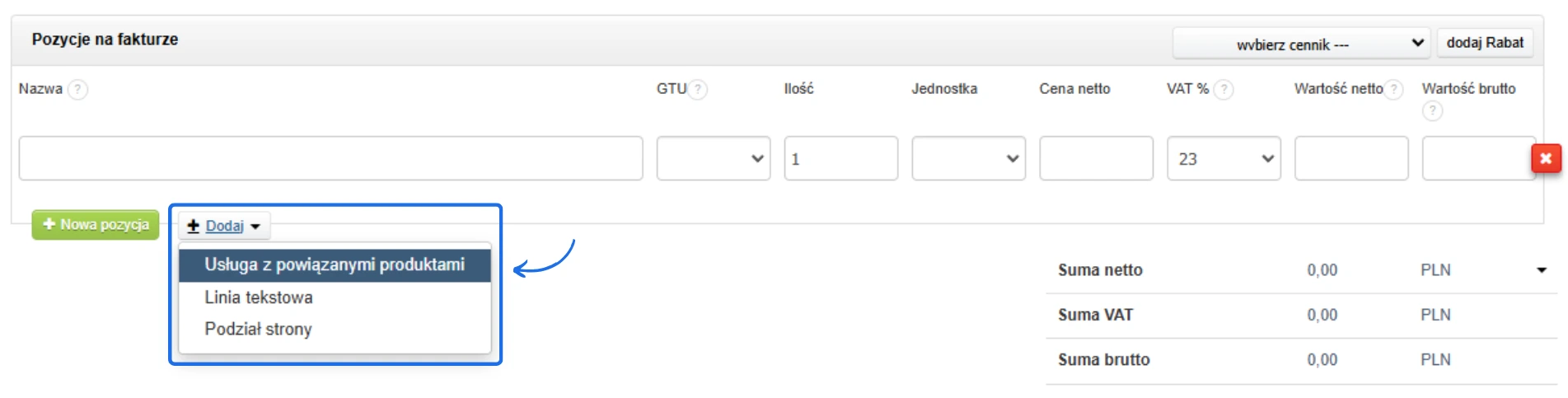 Formularz dodawania pozycji na fakturze z rozwijanym menu opcji, w tym 'Usługa z powiązanymi produktami' oraz szczegółami VAT i cenami.