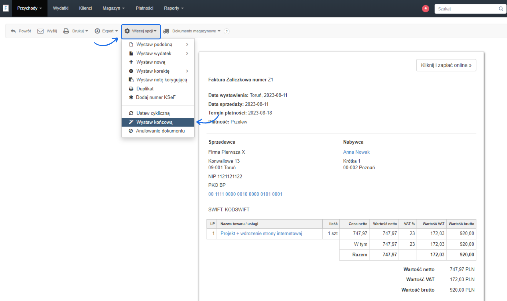 Widok programu do faktur Fakturownia z wybraną fakturą zaliczkową i zaznaczoną opcją 'Wystaw końcową' w menu 'Więcej opcji'.
