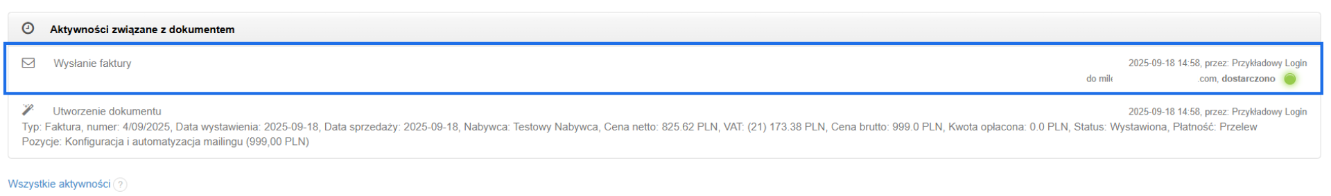 Sekcja aktywności związane z dokumentem ze szczegółami akcji wykonywanych dla dokumentów, czyli utworzenia i wysyłki.