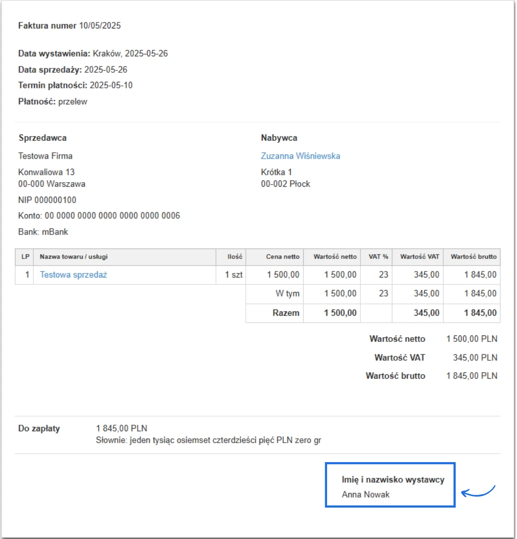 Podpis wystawcy faktury „Anna Nowak” widoczny na wydruku dokumentu sprzedaży w Fakturowni, pod tabelą z podsumowaniem.