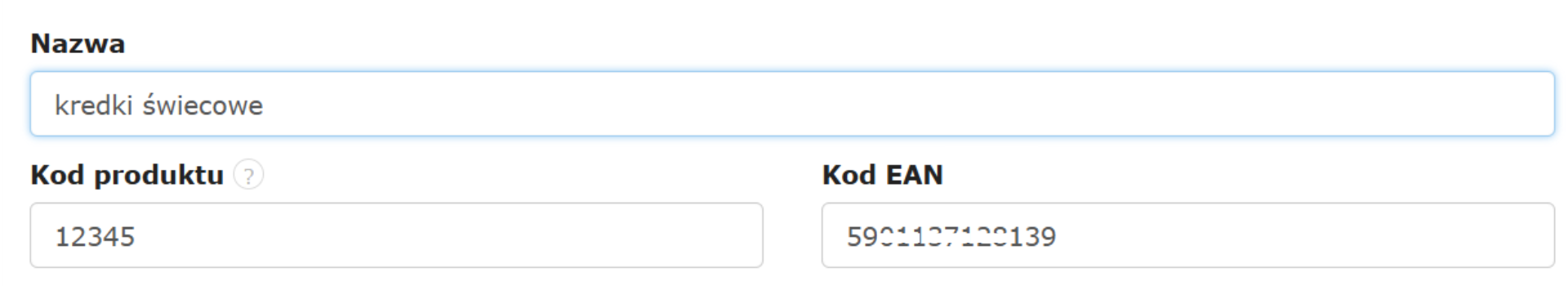 Formularz produktu z nazwą „kredki świecowe”, kodem produktu i kodem EAN.