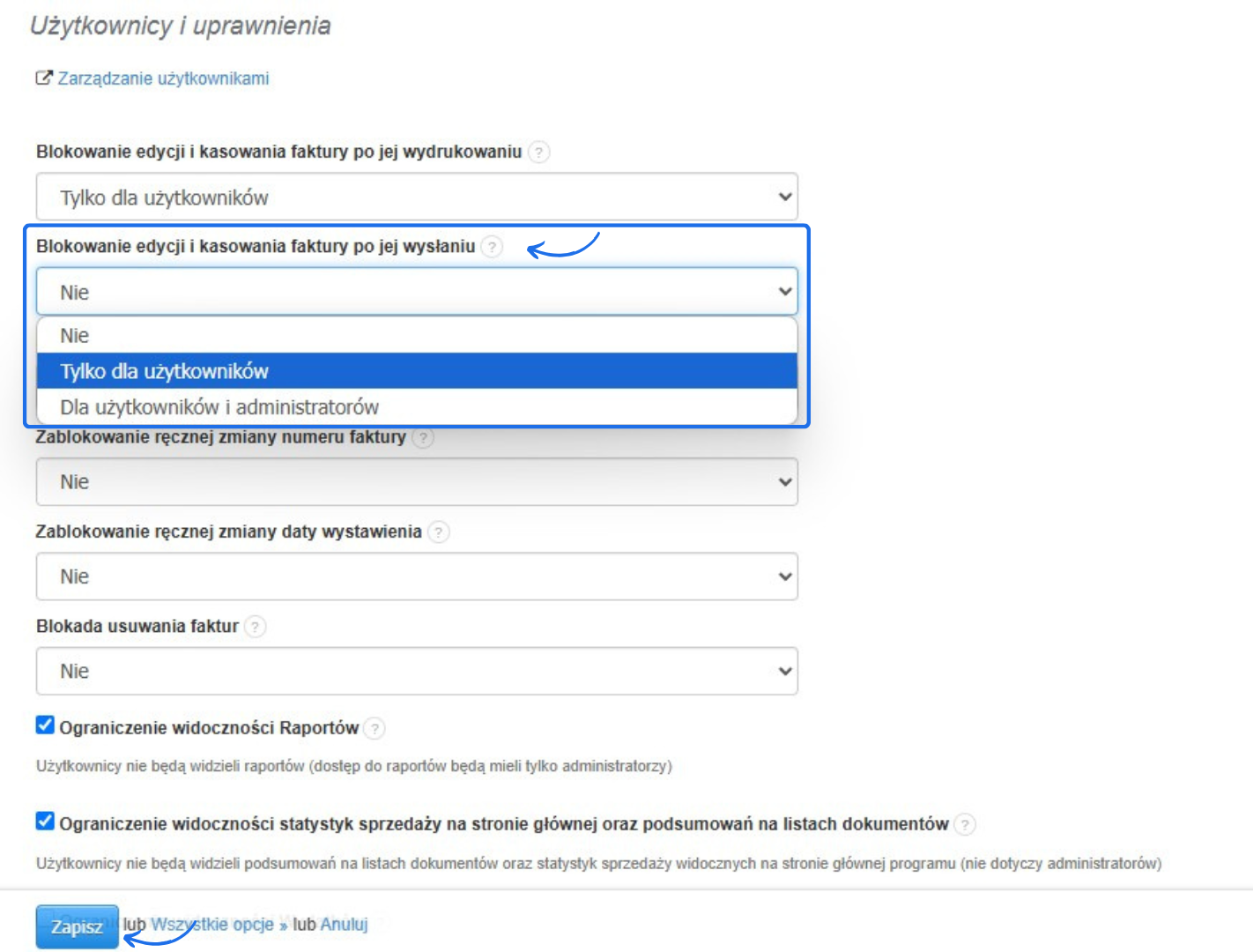 Ustawienia użytkowników i uprawnień w systemie fakturowym z rozwiniętym menu opcji blokowania edycji i kasowania faktury po jej wysłaniu.
