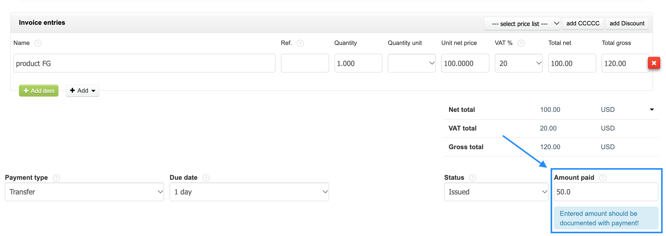 Paid instalment field below the invoice line items in the invoice edit form