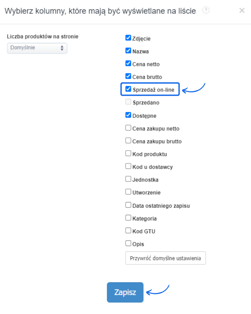 Opcje wyboru kolumn w systemie magazynowym, w tym zdjęcie, cena netto, cena brutto, sprzedaż online, dostępne i inne. Przycisk 'Zapisz'.
