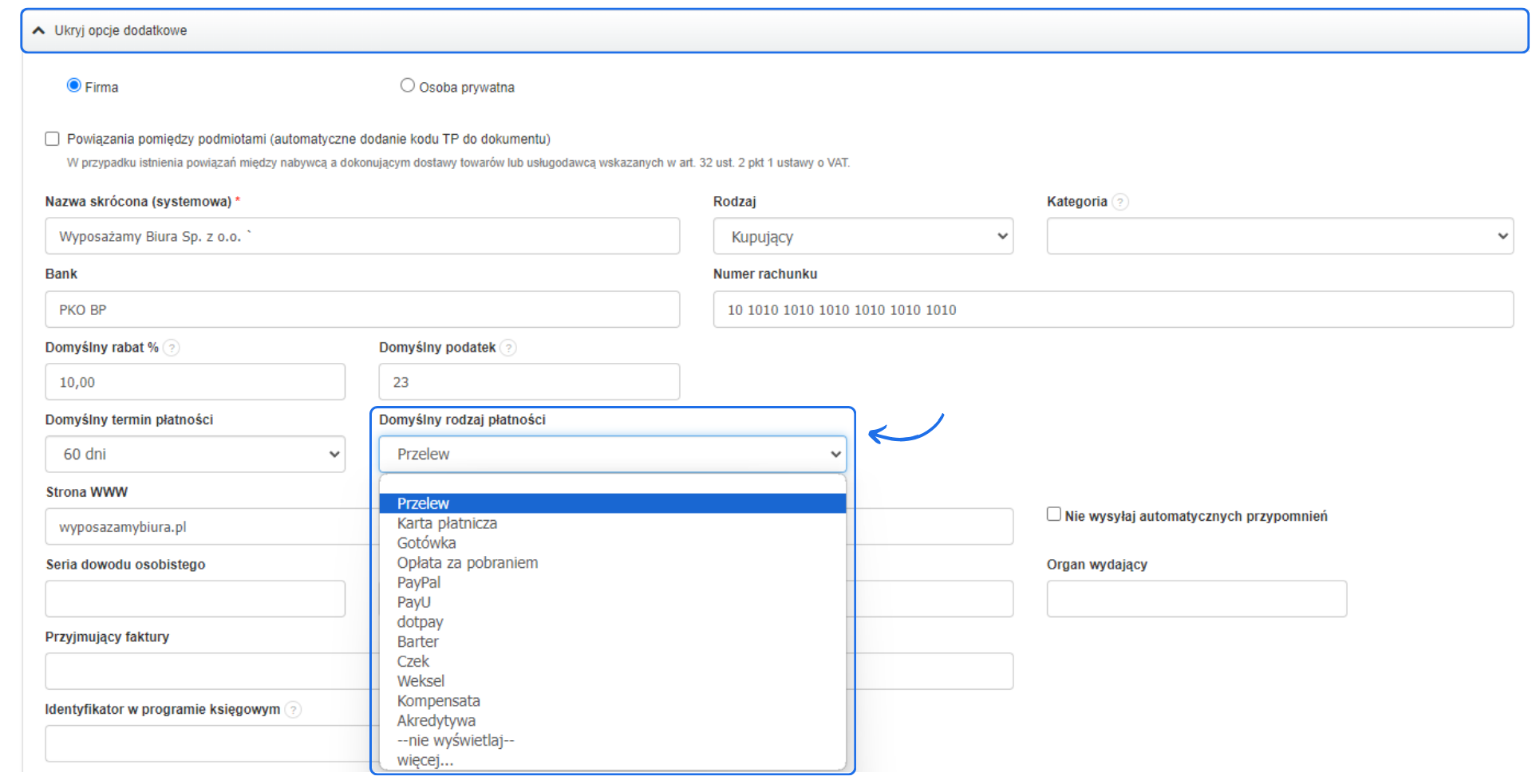 Formularz tworzenia/edycji klienta w systemie Fakturownia z możliwością szczegółowych ustawień domyślnych jak np. termin płatności, data płatności, podatek.