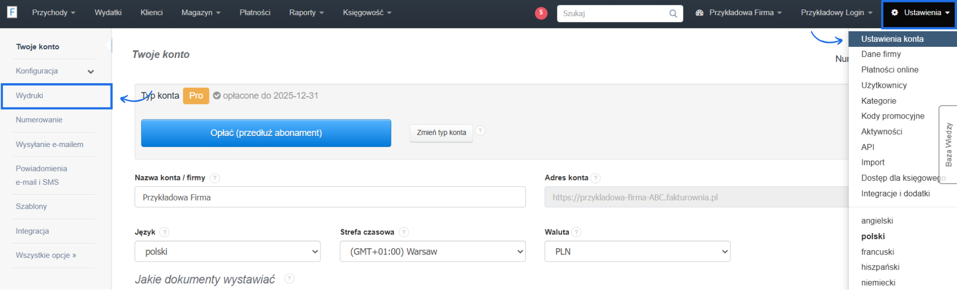 Ustawienia konta w systemie Fakturownia z aktywną zakładką dotyczącą podstawowych informacji o koncie oraz ustawień wydruków.