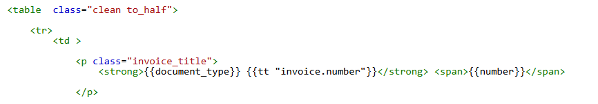 Kod HTML szablonu faktury z zaznaczonym elementem nazwy i numeru dokumentu przed zmianą