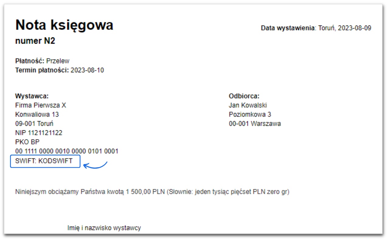 Nota księgowa z numerem N2, zawierająca dane płatności, termin płatności, dane wystawcy i odbiorcy oraz kod SWIFT widoczny w danych bankowych.