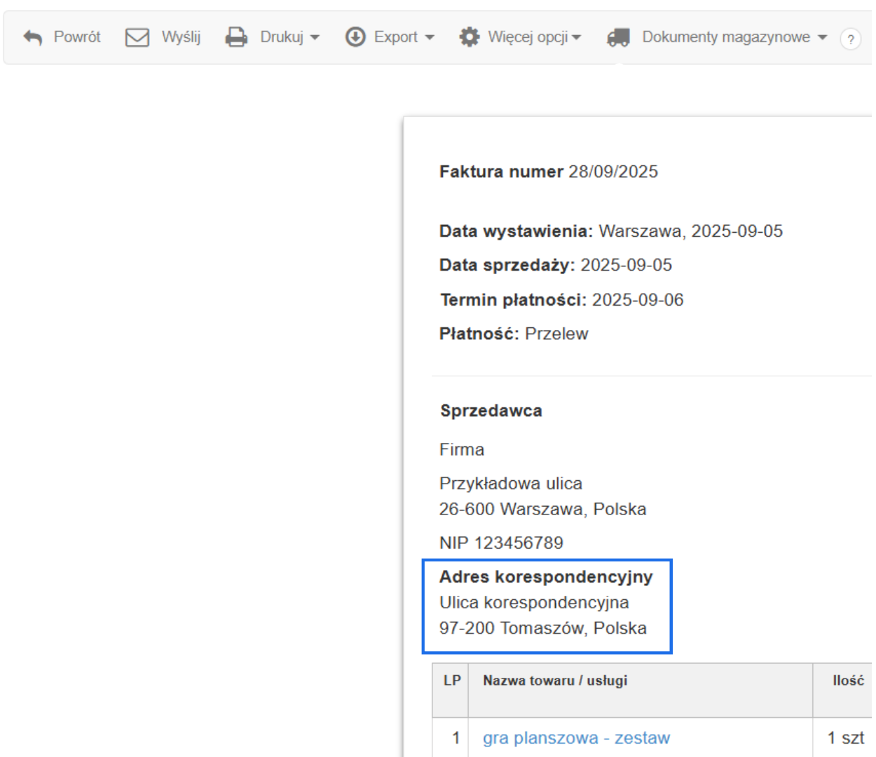 Widok faktury z danymi sprzedawcy oraz wyświetlonym adresem korespondencyjnym firmy na dokumencie.