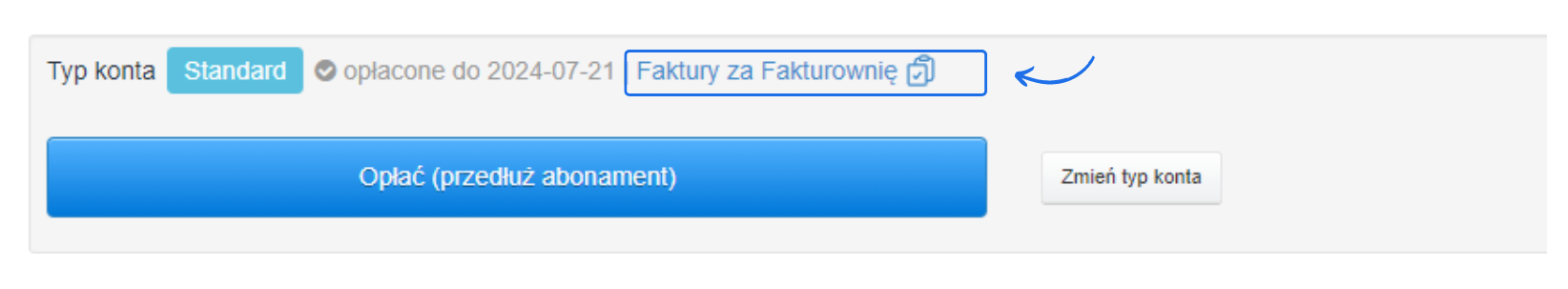 Typ konta w ustawieniach z opcją weryfikacji aktywnego planu i okresu ważności oraz pobrania faktury za abonament,