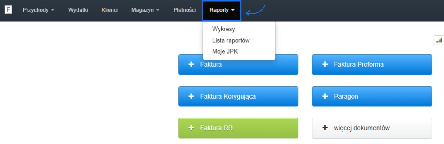 Widok zakładki „Raporty” w systemie fakturowania z rozwiniętym menu zawierającym opcje: Wykresy, Lista raportów, Moje JPK.