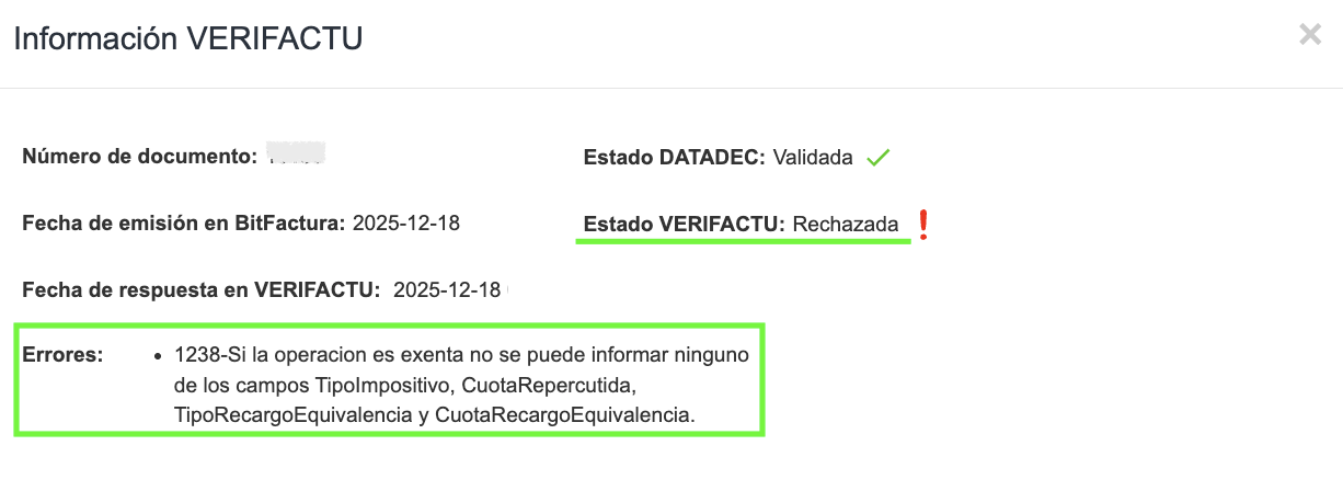 Estado VERIFACTU Rechazada con indicación de errores críticos de validación