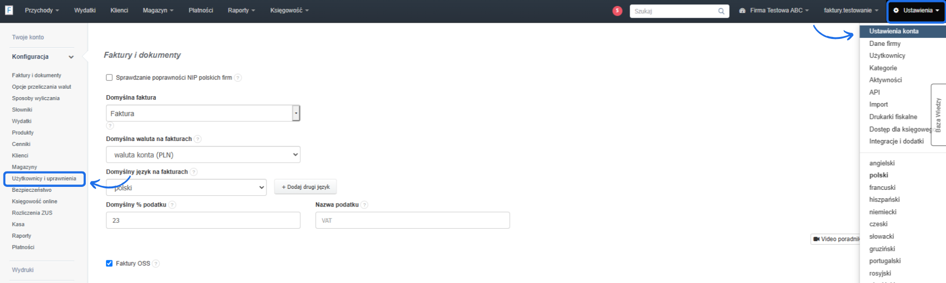 Ekran ustawień konfiguracji faktur i dokumentów, z wyróżnioną opcją „Użytkownicy i uprawnienia” oraz rozwiniętym menu ustawień konta.