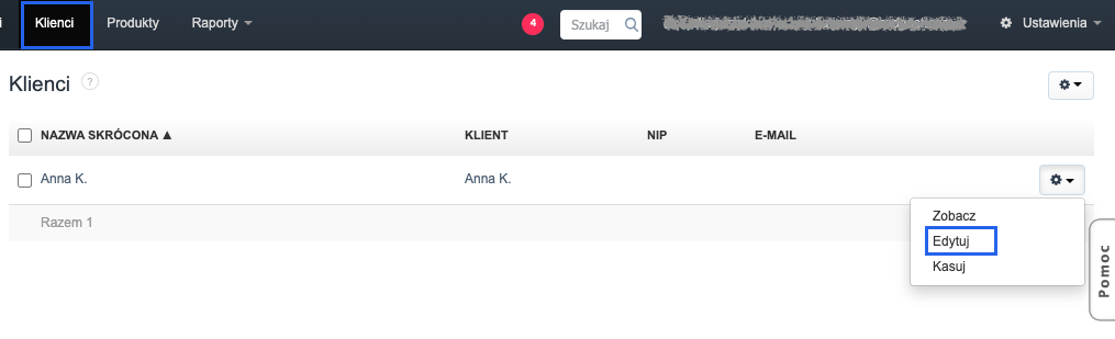 Lista klientów z widoczną zakładką Klienci w menu głównym