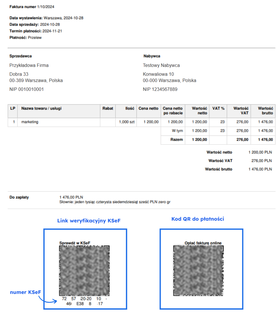 Faktura marketingowa z numerem KSeF, linkiem do weryfikacji i kodem QR do płatności online. Kwota brutto: 1 476,00 PLN.