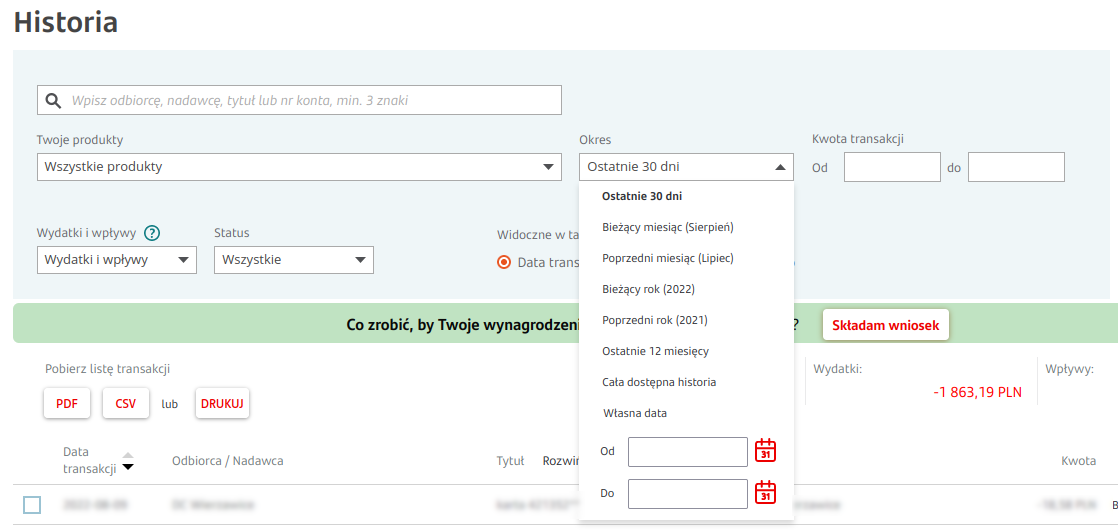 Ekran historii transakcji w Santander Bank Polska z opcjami filtrowania, pobierania danych w formacie PDF i CSV oraz składania wniosku.