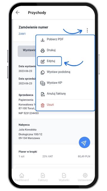 Ekran aplikacji mobilnej Fakturowni z opcjami edycji dokumentu, pobierania PDF, drukowania, wystawiania podobnej faktury i usuwania.