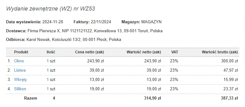 Wydanie zewnętrzne WZ53 z dnia 28.11.2024, produkty: okno, listwa, wkręty, silikon; wartość netto 314,90 PLN, VAT 23%, brutto 387,33 PLN.