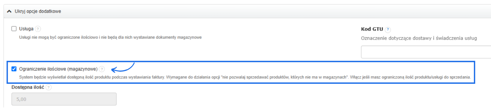 Formularz dodawania lub edycji produktu z zaznaczoną opcją „Ograniczenie ilościowe (magazynowe)”. Ustawienie włącza kontrolę dostępnych stanów magazynowych dla produktu i umożliwia wyświetlanie jego dostępnej ilości podczas wystawiania faktur.