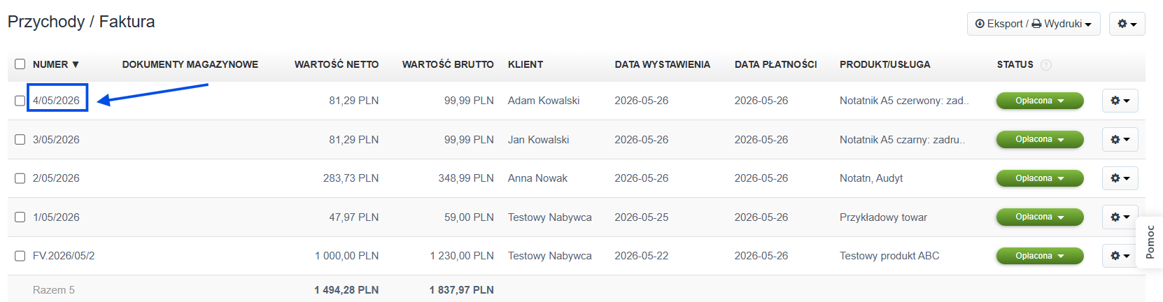 Lista faktur przychodowych z podsumowaniem danych od wartościach netto/brutto oraz danych Nabywcy i produktu.
