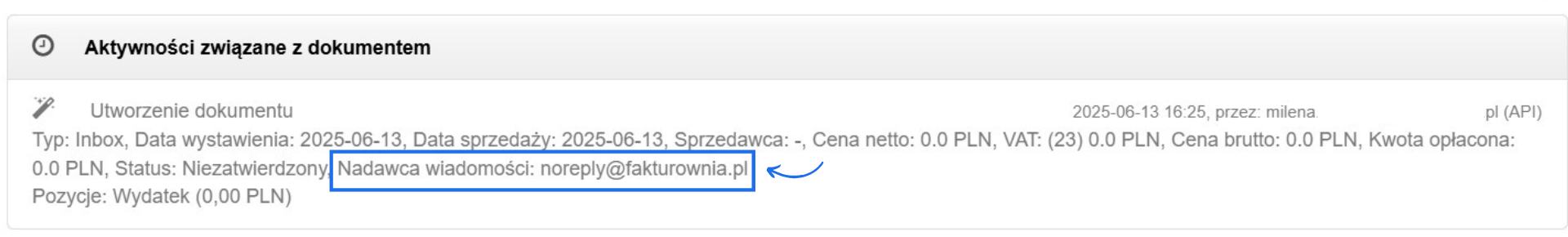 Aktywności związane z dokumentem w systemie Fakturownia, z informacją o nadawcy wiadomości noreply@fakturownia.pl.