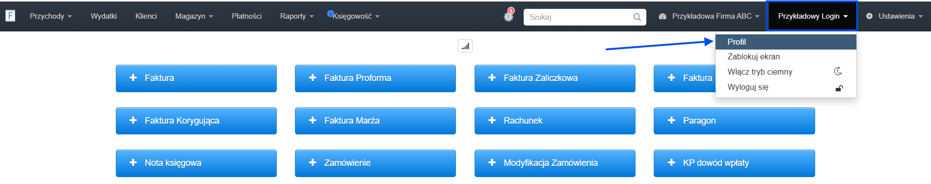 Panel główny konta w systemie Fakturownia z aktywną zakładką profil użytkownika.