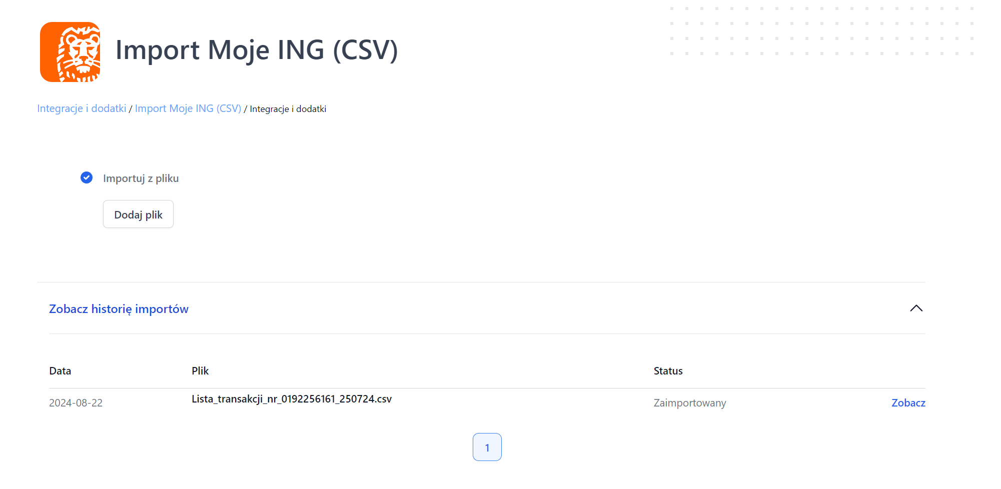 Ekran importu transakcji Moje ING w formacie CSV z opcją dodania pliku i przeglądania historii zaimportowanych plików.