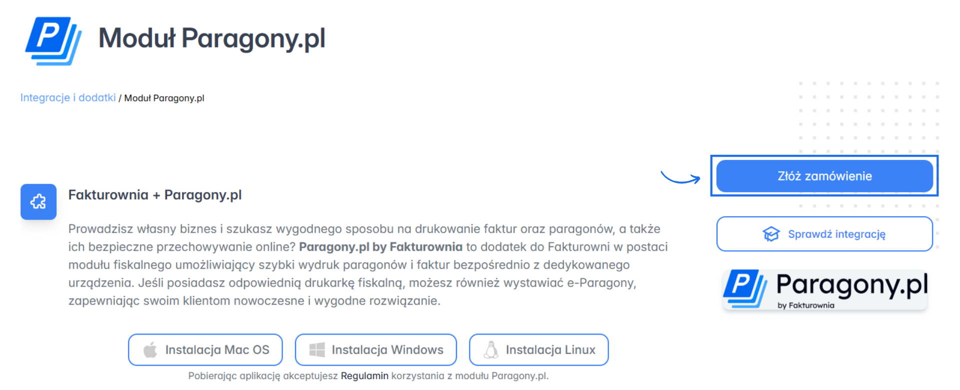 Aplikacja modułu Paragony.pl w sekcji z integracjami z możliwością pobrania linków instalacyjnych i złożenia zamówienia na okres testowy.