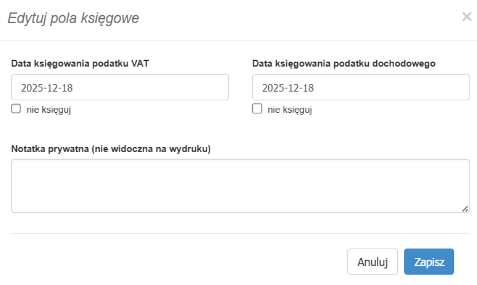 Edycja pól księgowych n dokumencie wysłanym do KSeF w tym zmiana dat księgowania podatku VAT i PIT oraz notatki prywatnej.