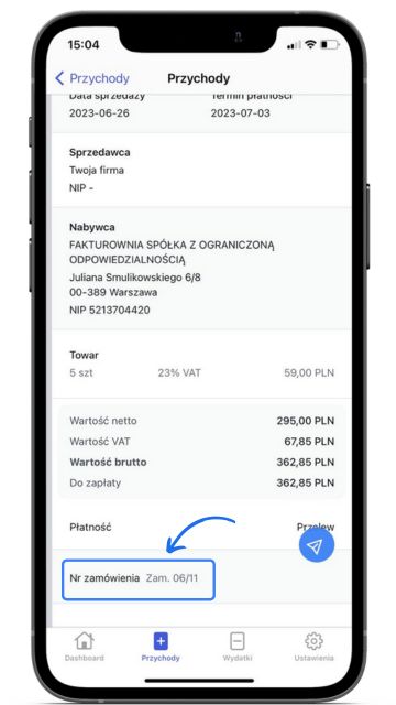Widok podglądu dokumentu przychodu w aplikacji mobilnej Fakturowni z numerem zamówienia ‘Zam. 06/11’ i szczegółami transakcji.