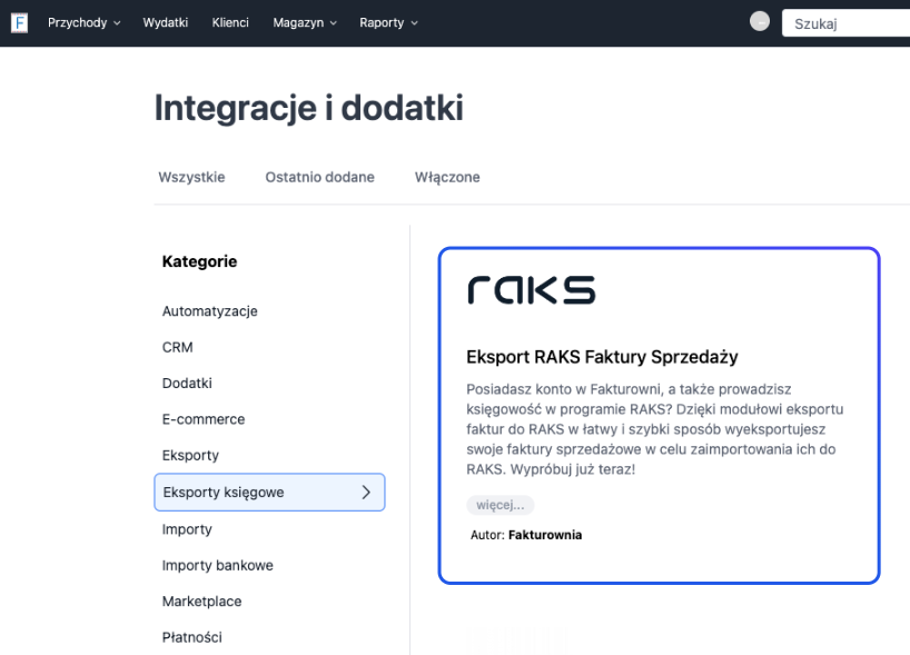 Integracje i dodatki w Fakturowni, aplikacja eksportu faktur sprzedażowych do systemu RAKS, moduł eksportu księgowego Faktur Sprzedaży