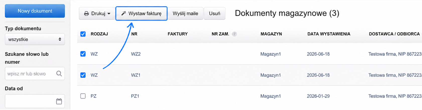 Lista dokumentów WZ z zaznaczonymi pozycjami i przyciskiem Wystaw fakturę w górnym pasku akcji