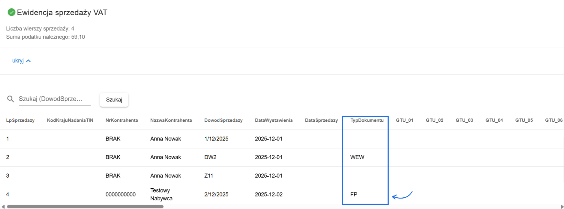 Ewidencja sprzedaży VAT w pliku JPK_V7 z listą faktur i dokumentów w tym fakturą z dodatkowym oznaczeniem FP.